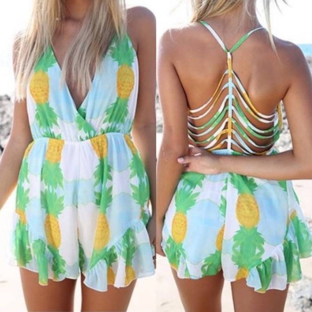 NLW Pineapple Sheer Romper Coverup Ruffle Hem L